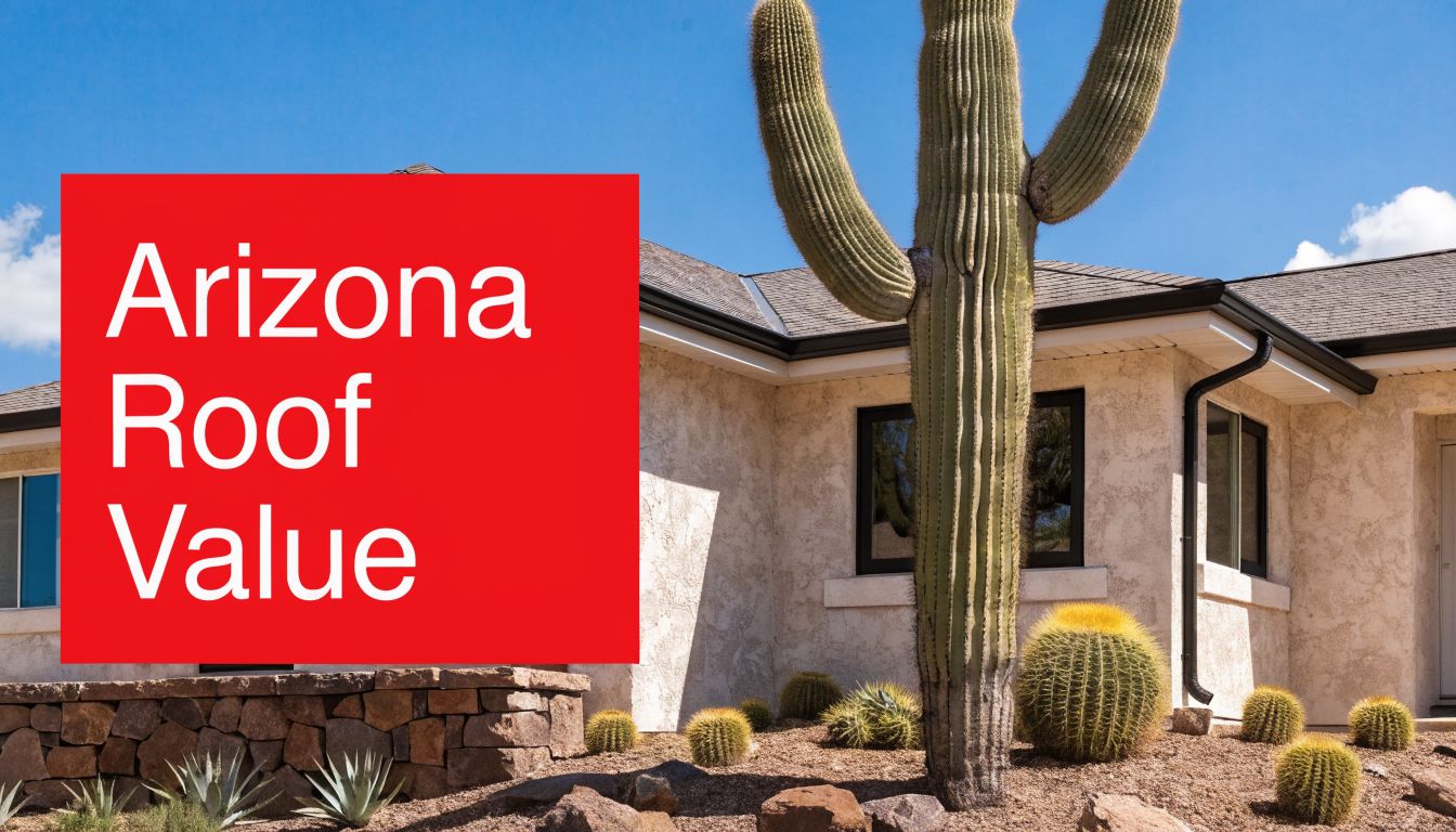 A modern desert home in Arizona featuring a saguaro cactus and a red sign stating Arizona Roof Value.