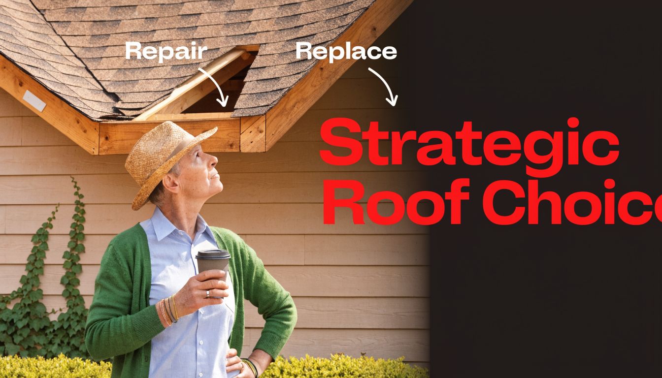 A person looking up at a damaged roof section, illustrating the decision between roof repair or replacement.