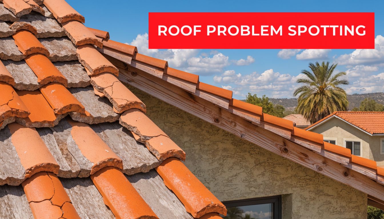 A close-up view of a damaged residential roof with broken and cracked orange clay tiles.