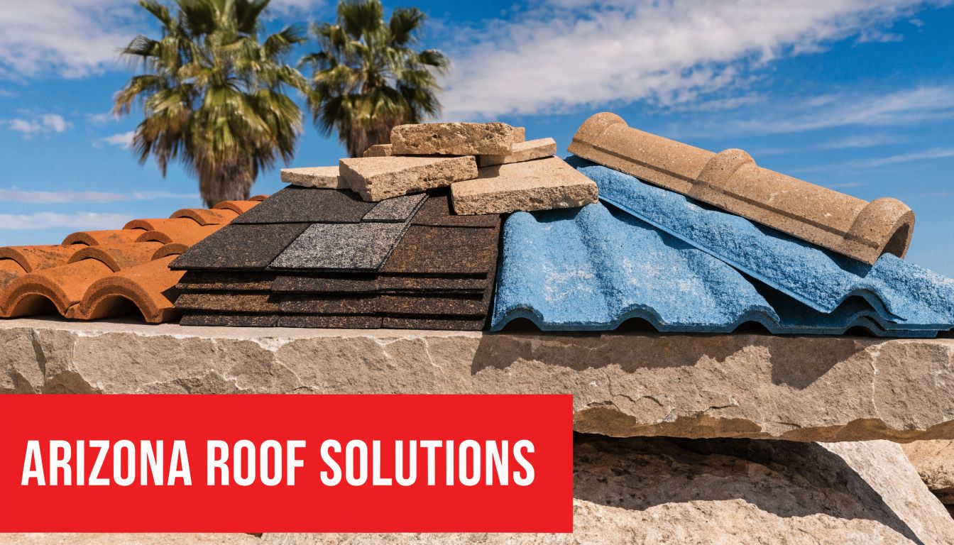 A display of various roofing materials including tiles and shingles with a red Arizona Roof Solutions label.