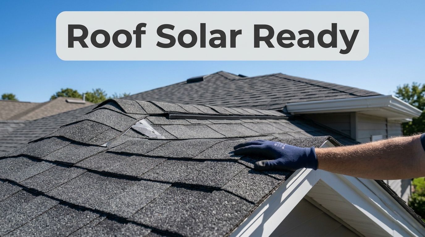 A close-up shot of a hand in a glove touching shingles on a roof labeled Solar Ready.