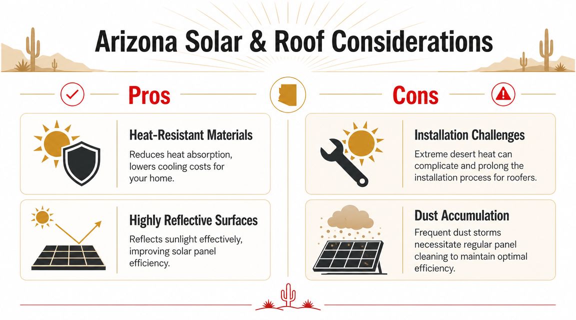 An infographic titled Arizona Solar and Roof Considerations showing the pros and cons of solar panel installation.
