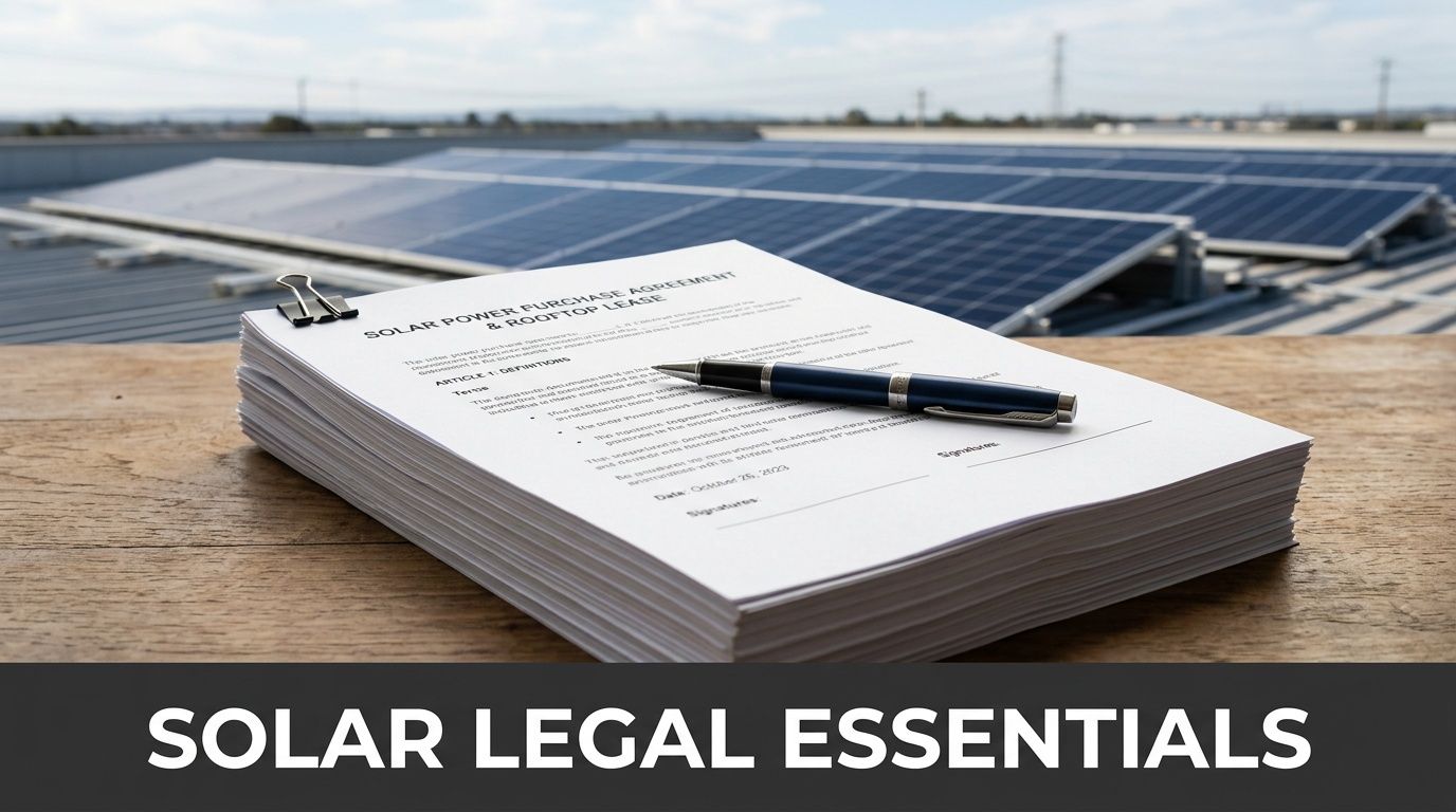 A stack of papers titled Solar Power Purchase Agreement with a pen on a wooden surface outdoors.
