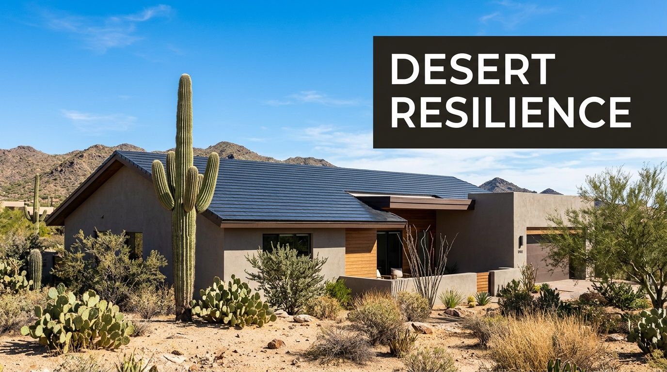 A modern desert home featuring sleek black solar roof tiles in a bright sunny landscape.