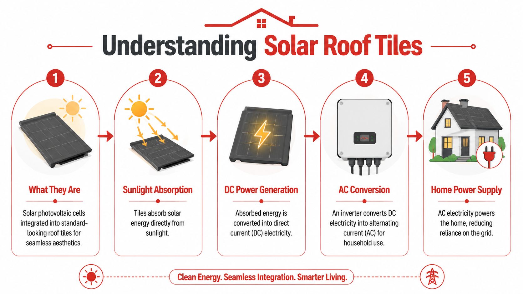 A five-step infographic showing how solar roof tiles generate and convert electricity for household use.