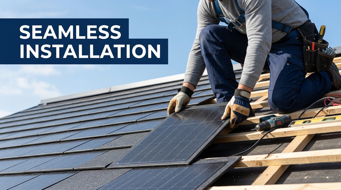 A professional construction worker installing modern, seamless solar roof tiles onto a residential home roof structure.