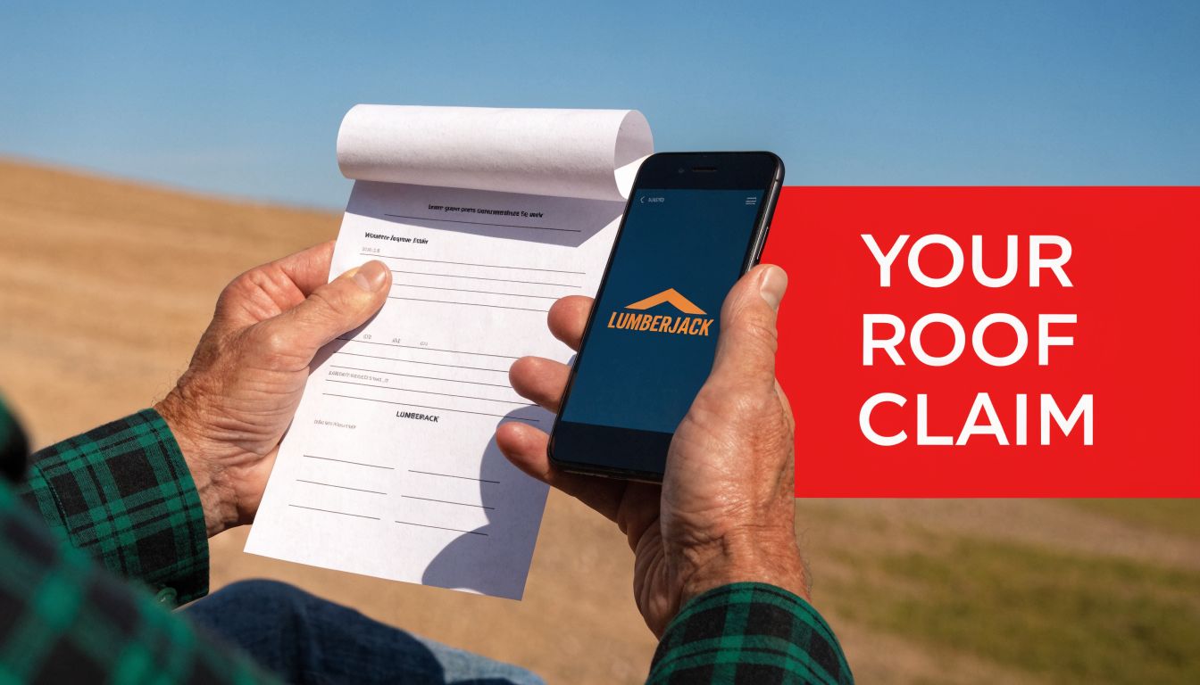 A person holding a notepad and a smartphone featuring the Lumberjack roof claim application outdoors.