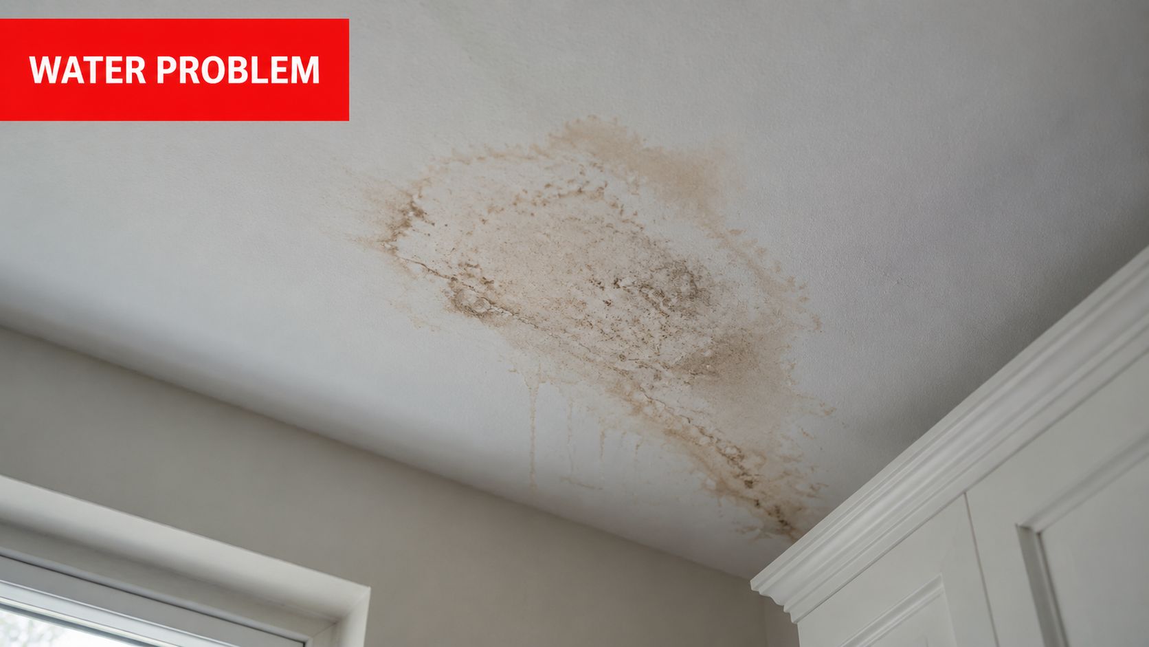 A large, brown water stain with cracks on a white ceiling indicating a leak