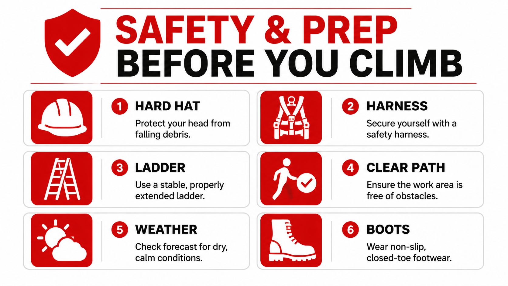 An infographic titled Safety and Prep Before You Climb listing six essential safety tips for working at heights.