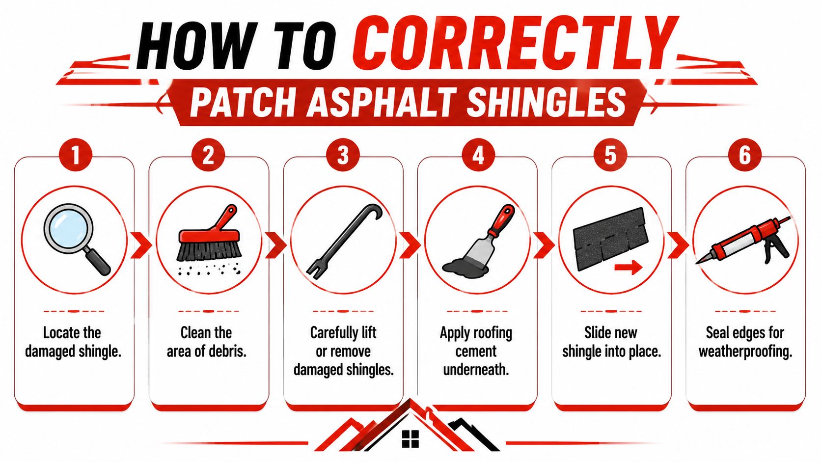 A step-by-step infographic illustrating the six stages for correctly patching damaged asphalt roof shingles.