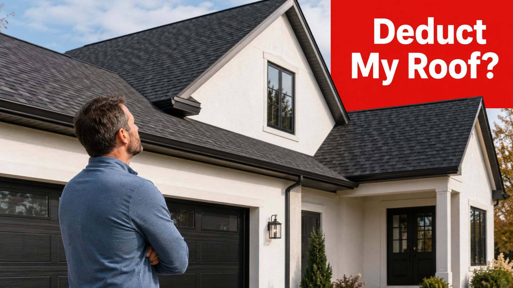 A man looks up at his house with the text Deduct My Roof overlaying the image.