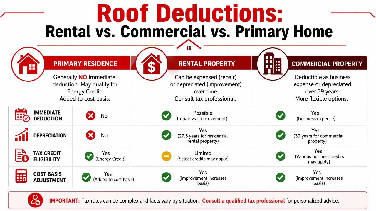 A comparison chart outlining tax deductions for roof repairs and replacements on primary, rental, and commercial properties.