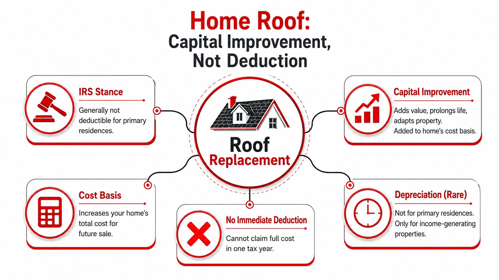 A diagram explaining that roof replacement is a capital improvement and generally not tax deductible for homes.