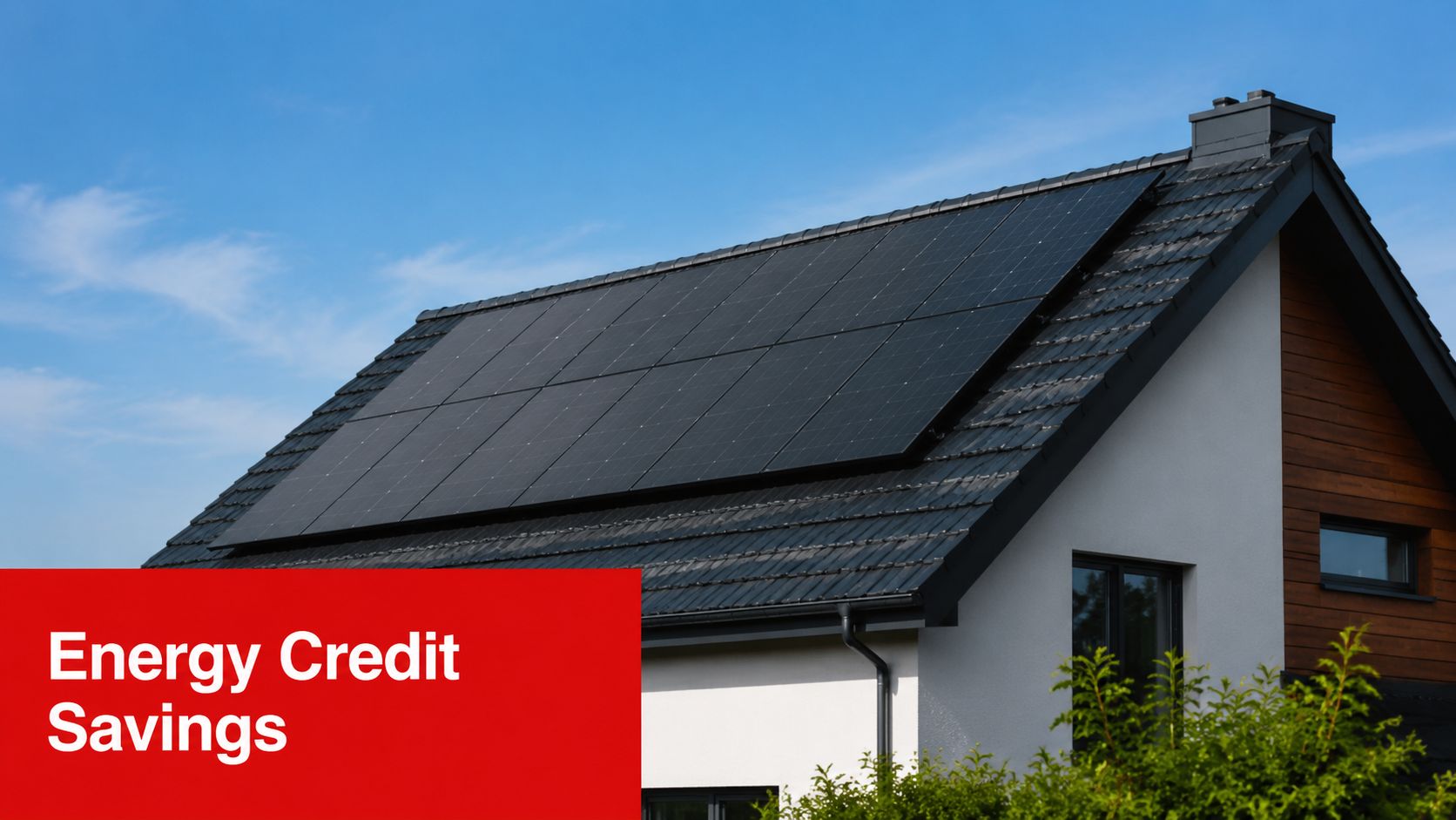 A modern suburban house roof featuring installed solar panels under a clear blue sky, illustrating energy savings.