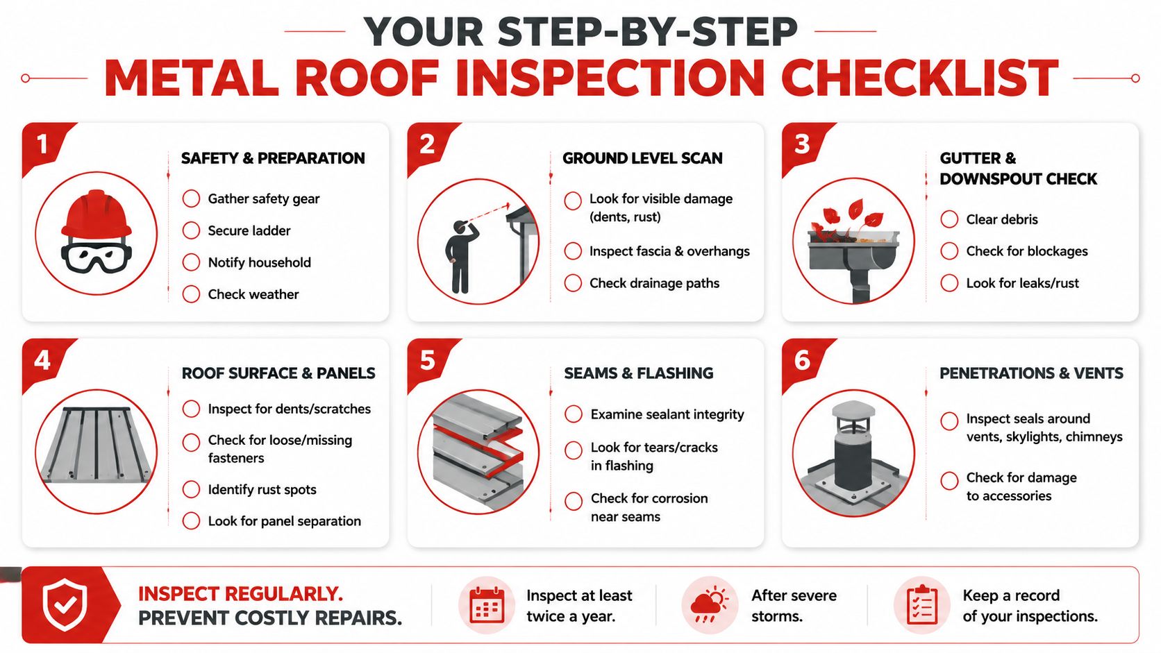 A six-step illustrated checklist for inspecting a metal roof, covering safety, exterior condition, gutters, and roof components.