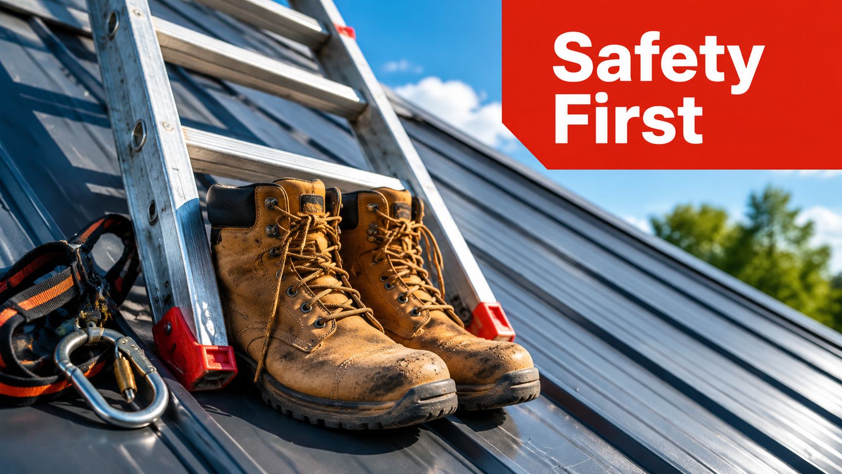 Work boots and a climbing harness resting on a metal roof next to a ladder.