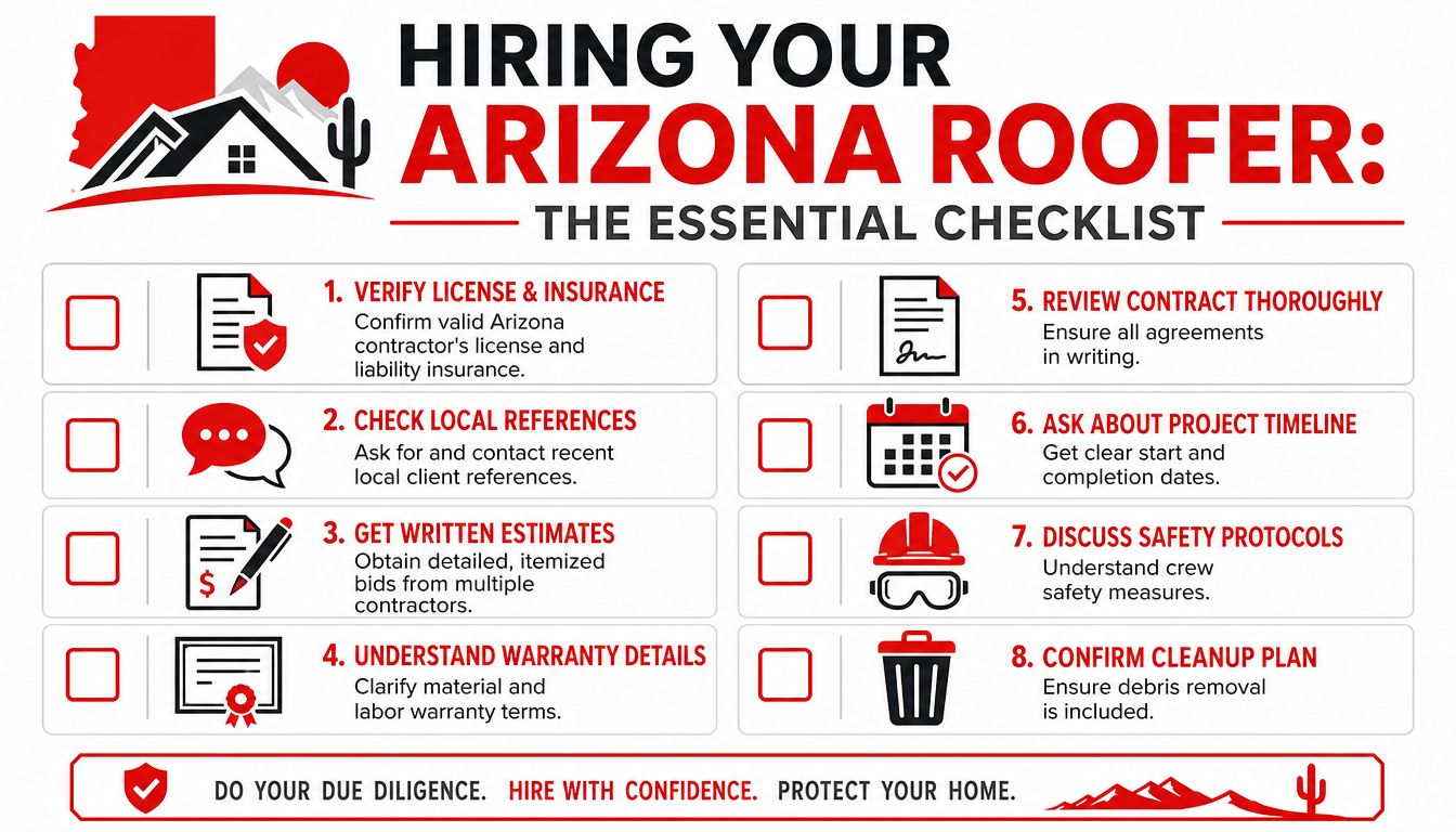 An infographic checklist for hiring an Arizona roofer including steps like checking licenses and getting written estimates.