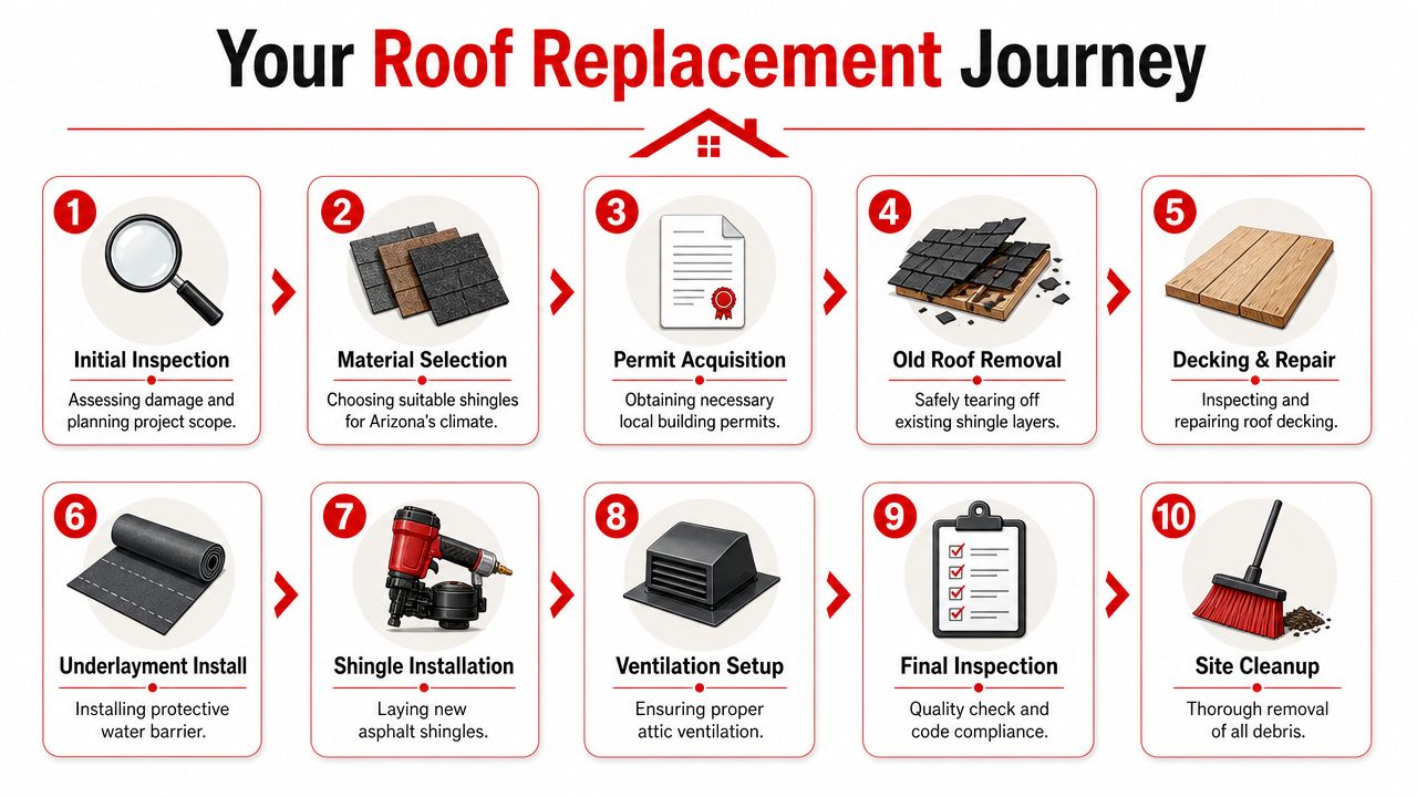 A ten-step infographic outlining the professional asphalt shingle roof replacement process for homes in Arizona.