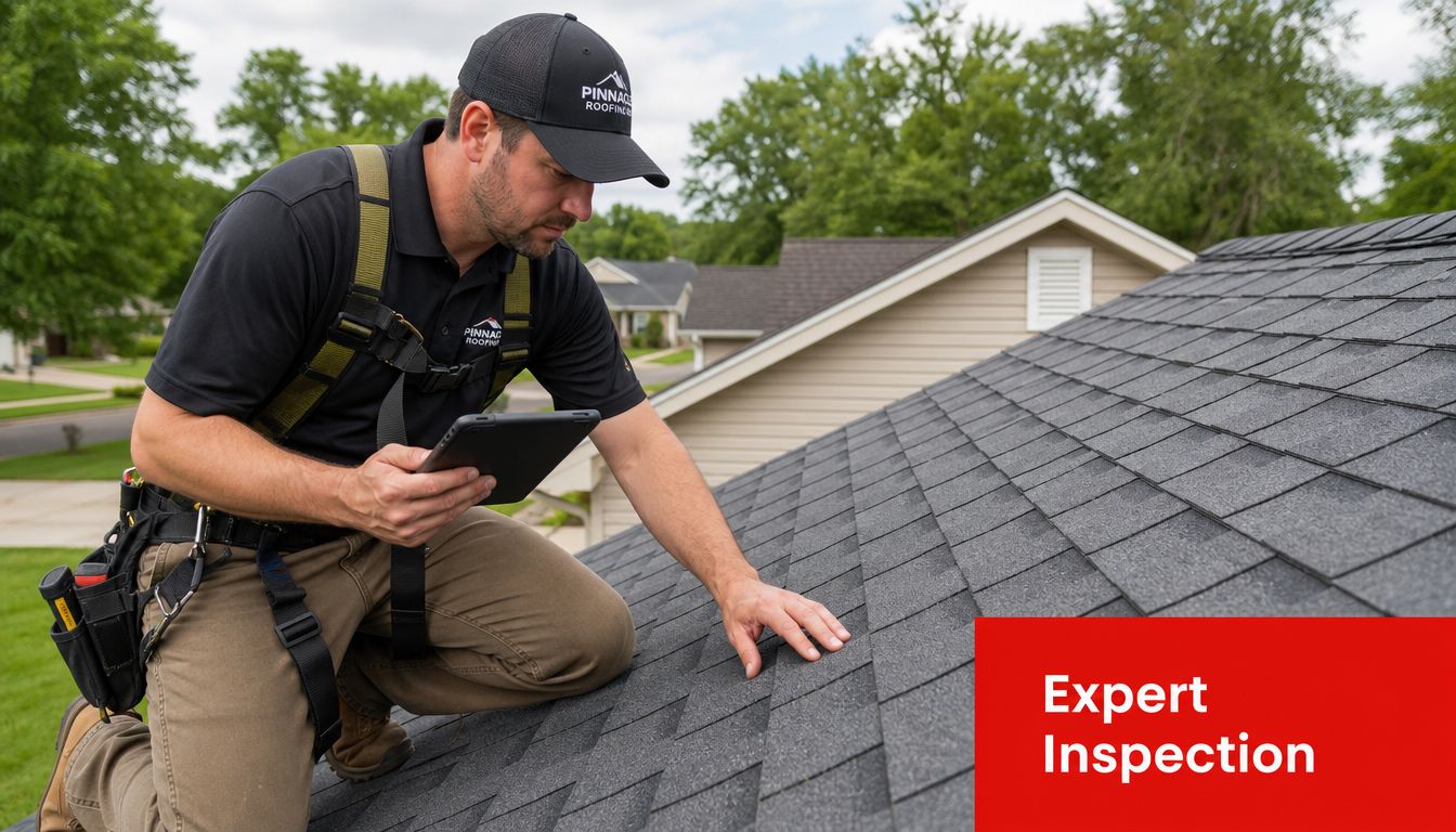 A professional roofer wearing safety gear inspecting residential roof shingles while using a tablet for documentation.