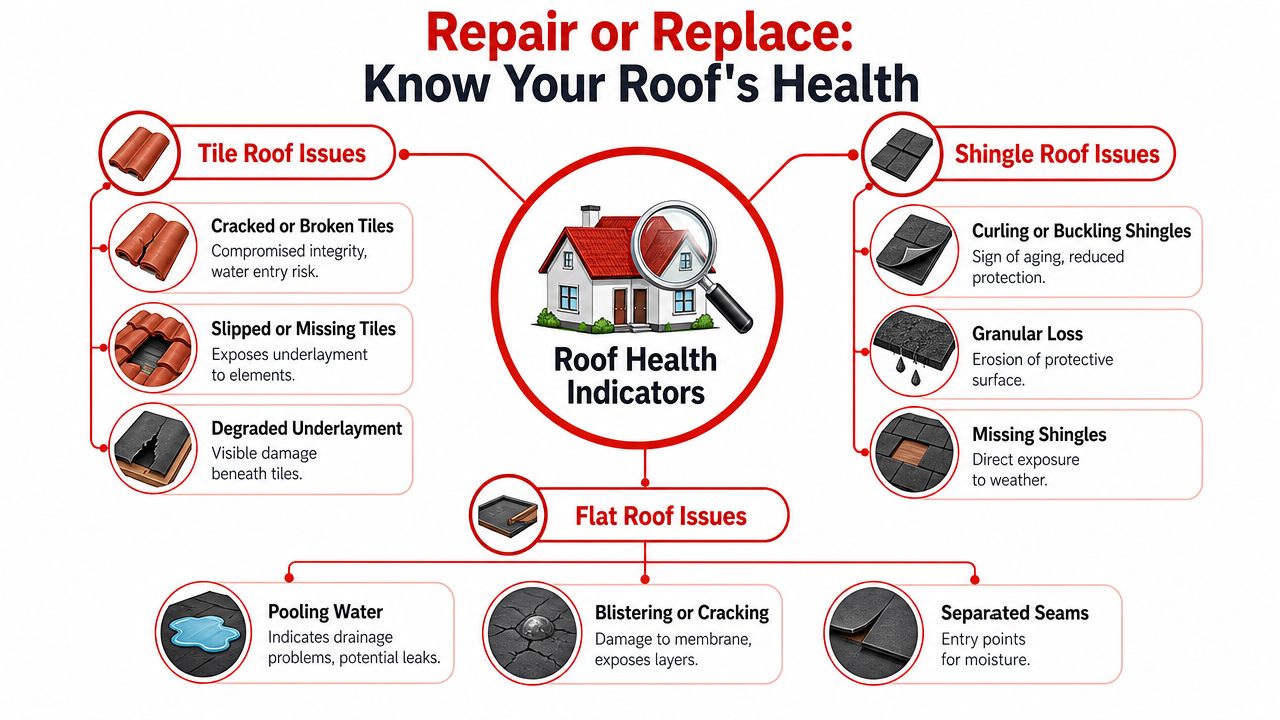 An infographic titled Repair or Replace detailing various indicators of health issues for tile, shingle, and flat roofs.