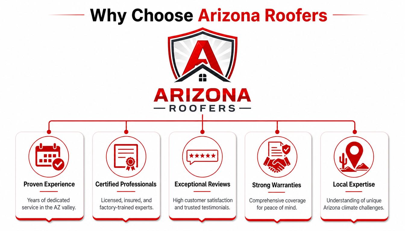 A infographic highlighting five key reasons to choose Arizona Roofers for your home roofing needs in Arizona.