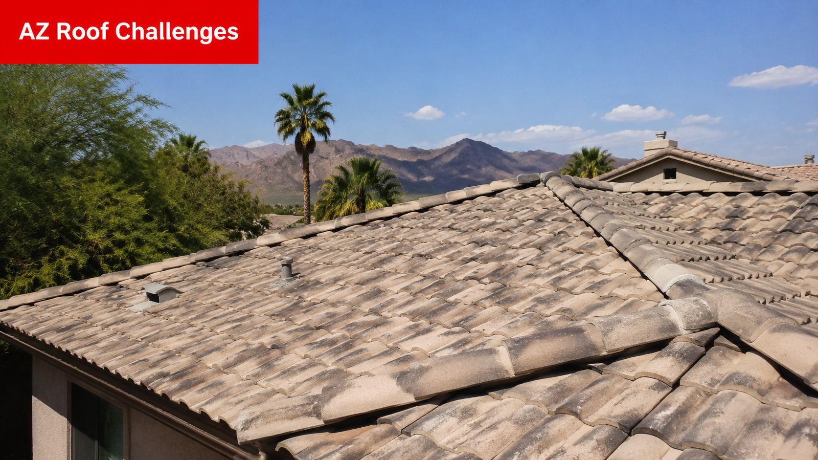A tiled roof overlooking a desert landscape with palm trees and distant mountains in Arizona.