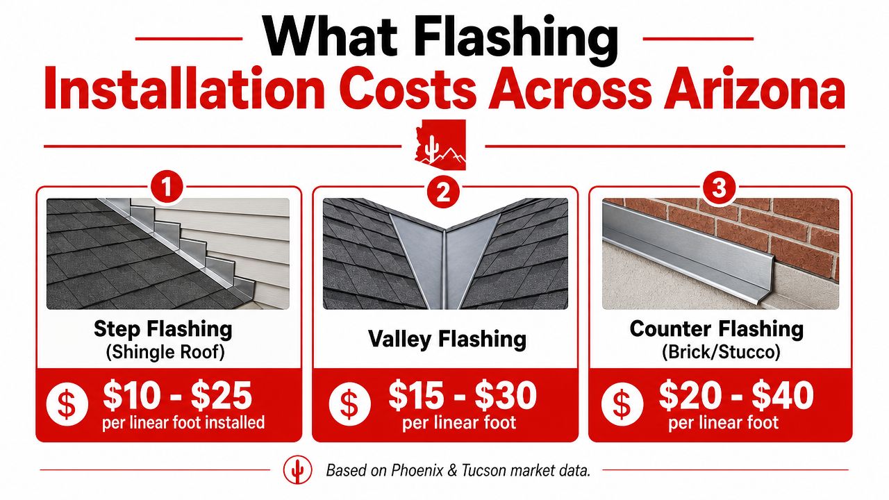 A price infographic comparing the installation costs of step, valley, and counter flashing for roofs in Arizona.