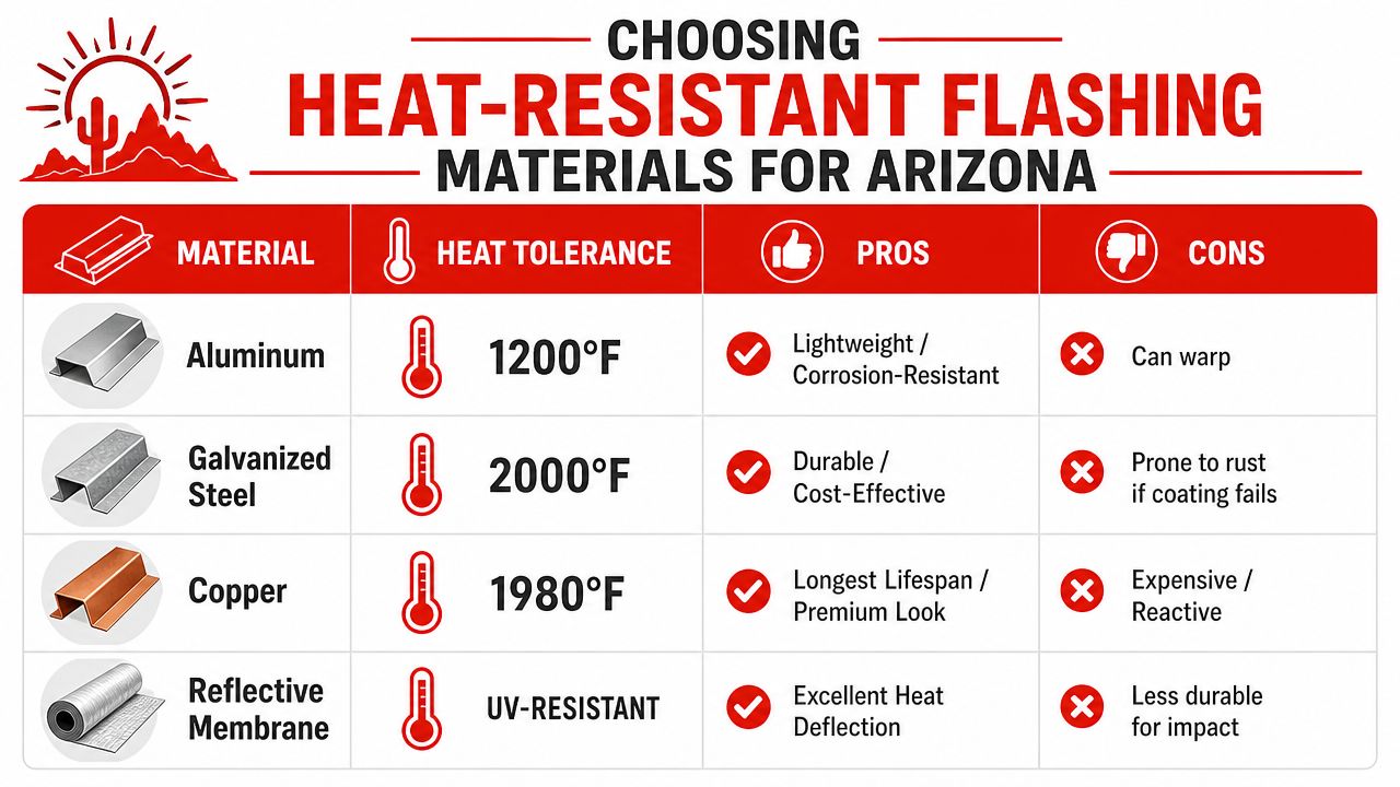 A comparison chart highlighting the heat tolerance, pros, and cons of different flashing materials for Arizona.