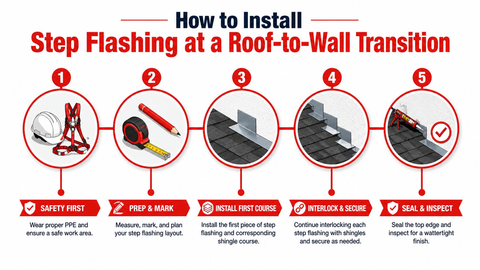 A step-by-step instructional infographic showing how to install step flashing at a roof-to-wall transition safely.