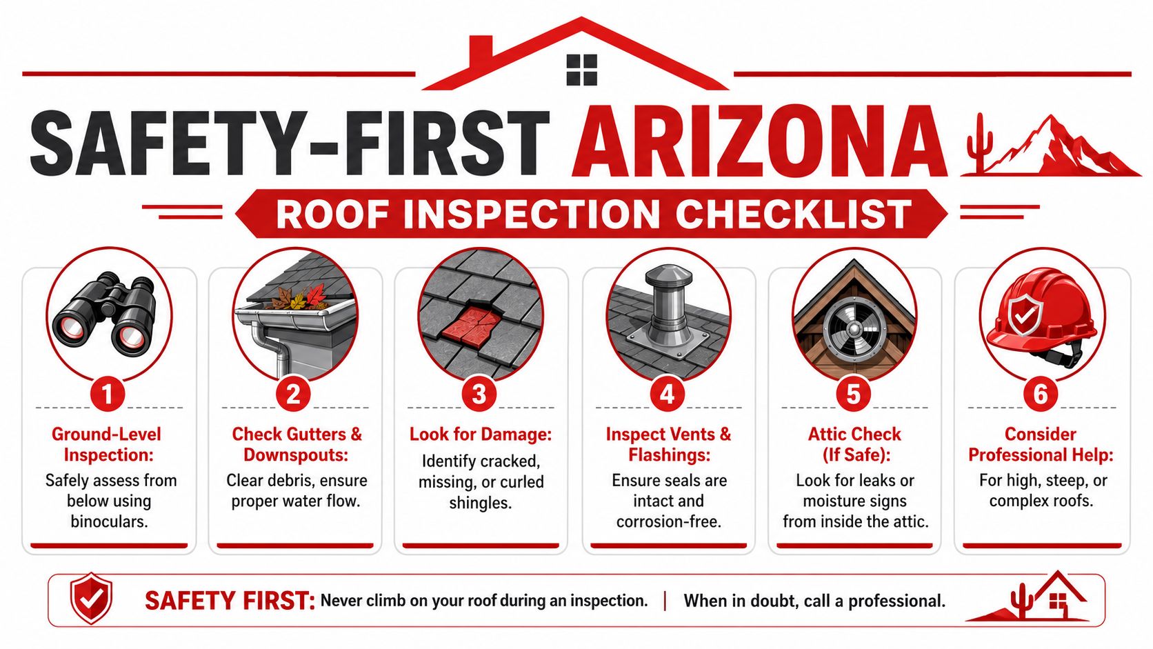 A six-step infographic titled Safety-First Arizona Roof Inspection Checklist providing advice for safe home roof inspections.