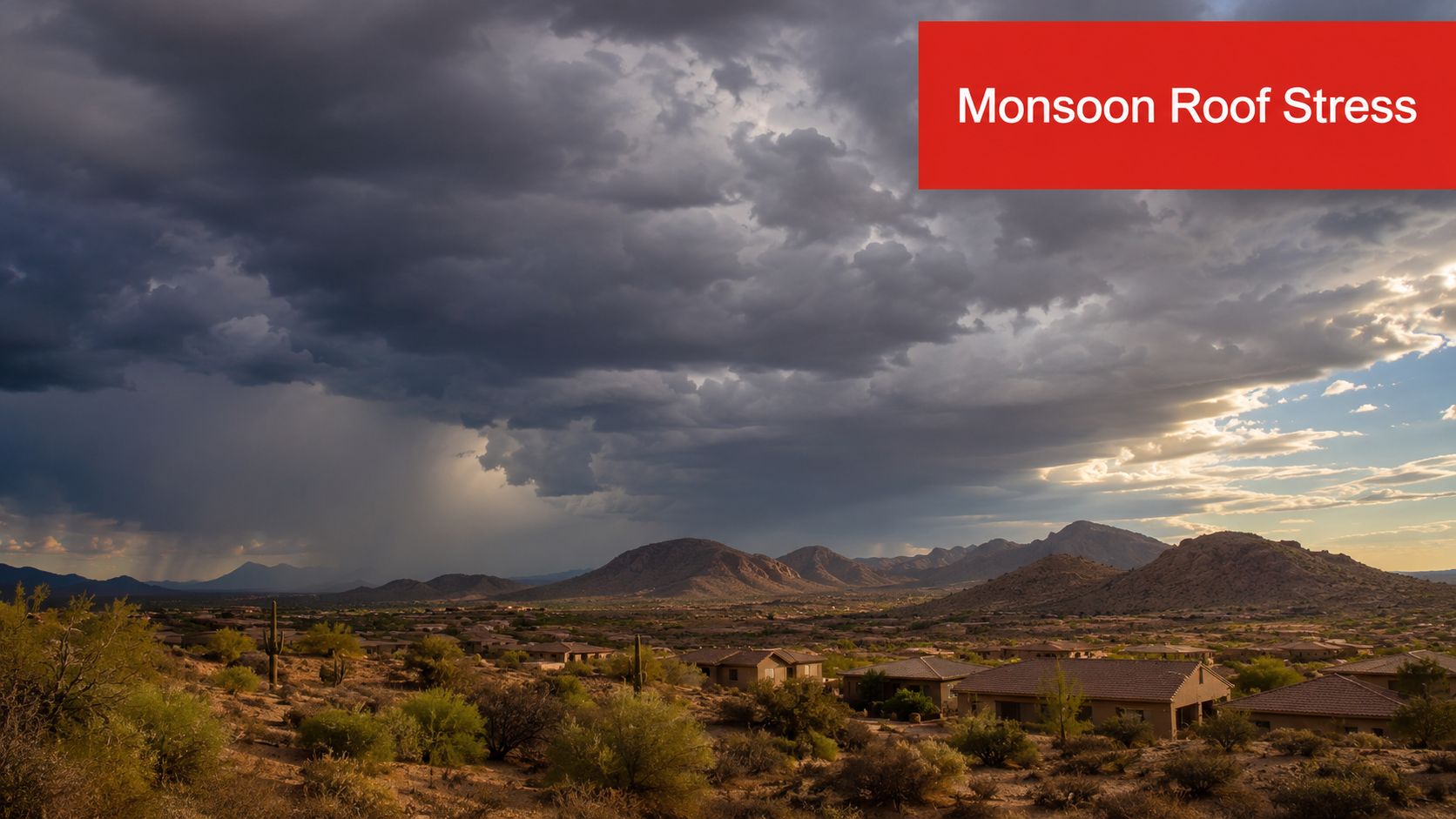 A scenic view of a desert community under dramatic dark monsoon storm clouds over the mountains.