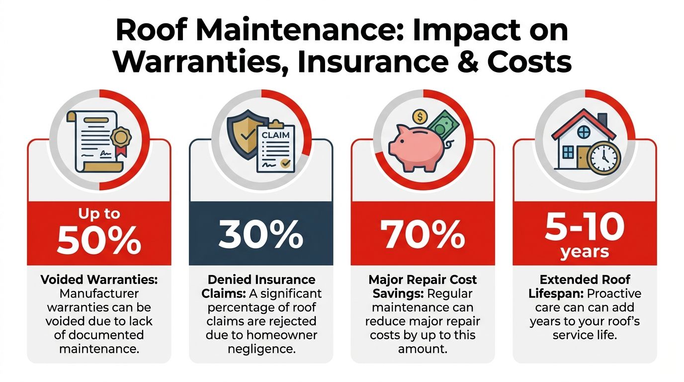 An infographic detailing the benefits of residential roof maintenance regarding warranty, insurance, and cost savings.