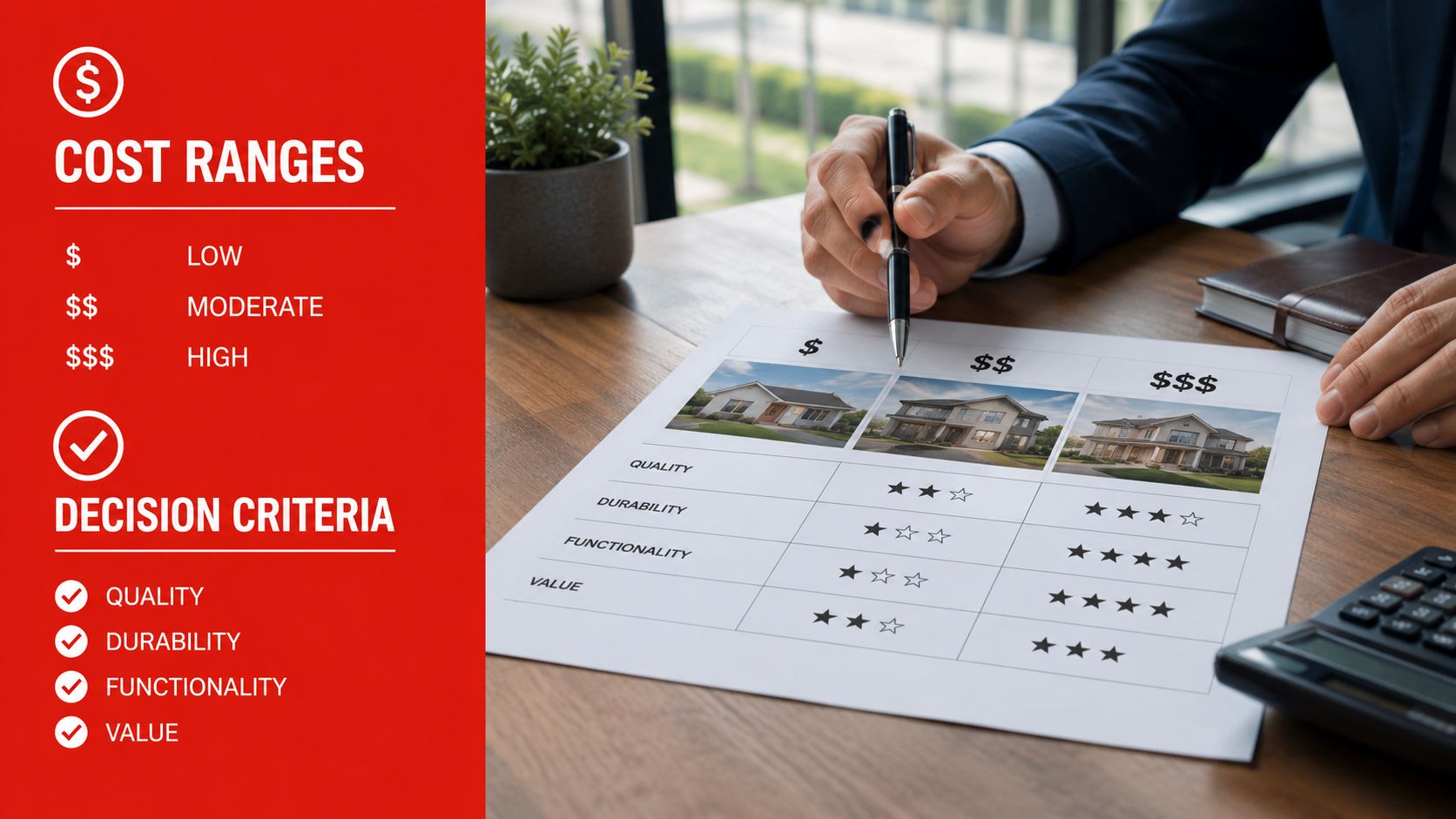A person reviewing a comparison chart of three different house models with cost and quality ratings.