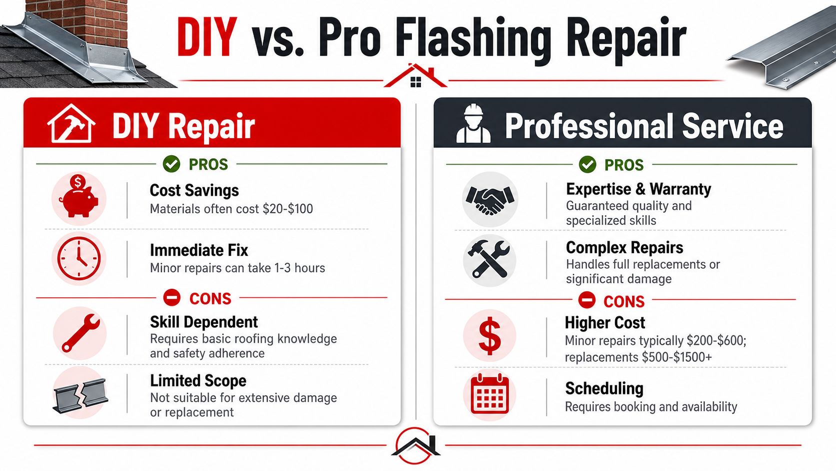 A comparison chart outlining the pros and cons of DIY versus professional roof flashing repair services.