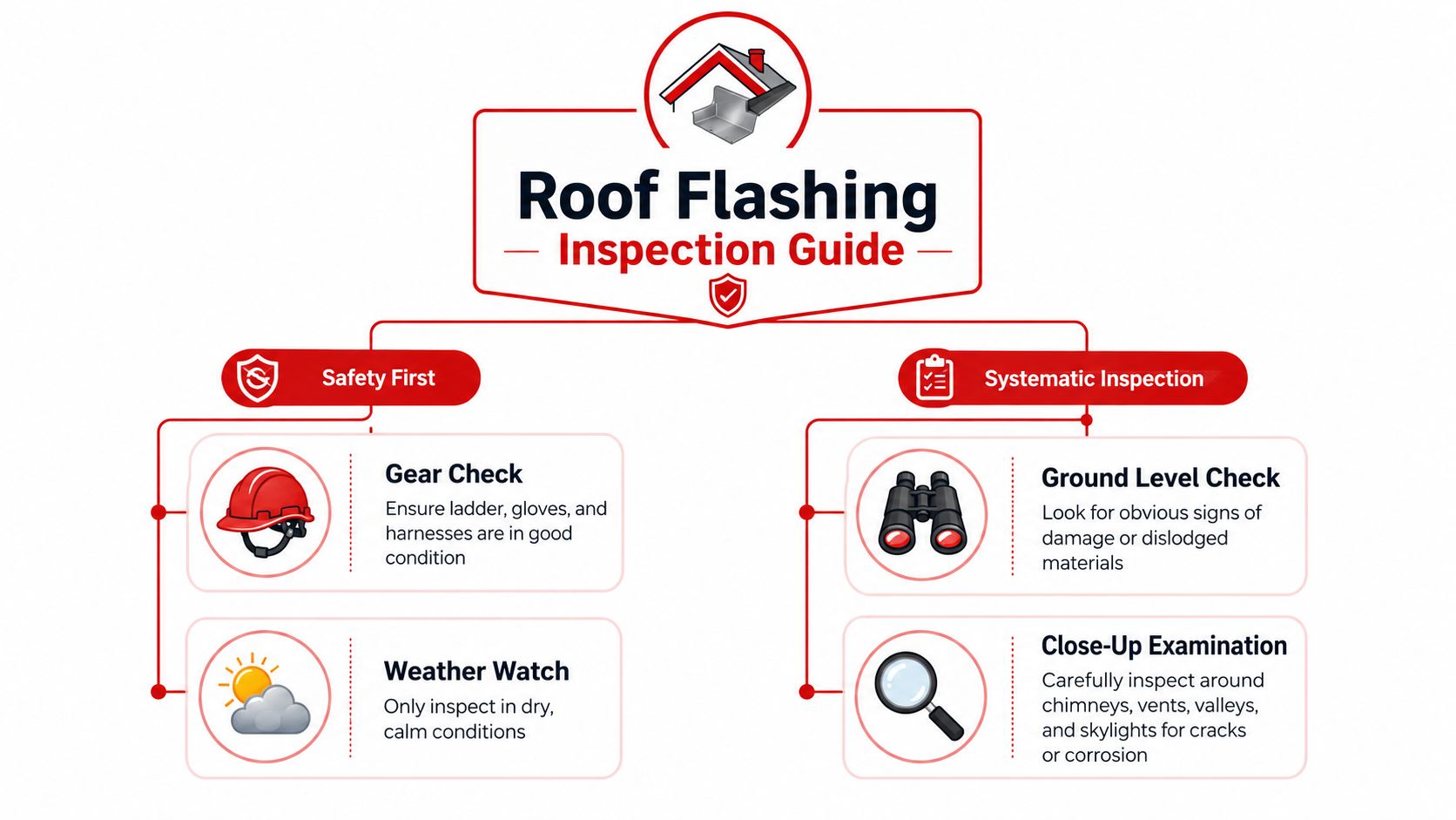 An infographic titled Roof Flashing Inspection Guide detailing safety precautions and systematic inspection steps for roof maintenance.