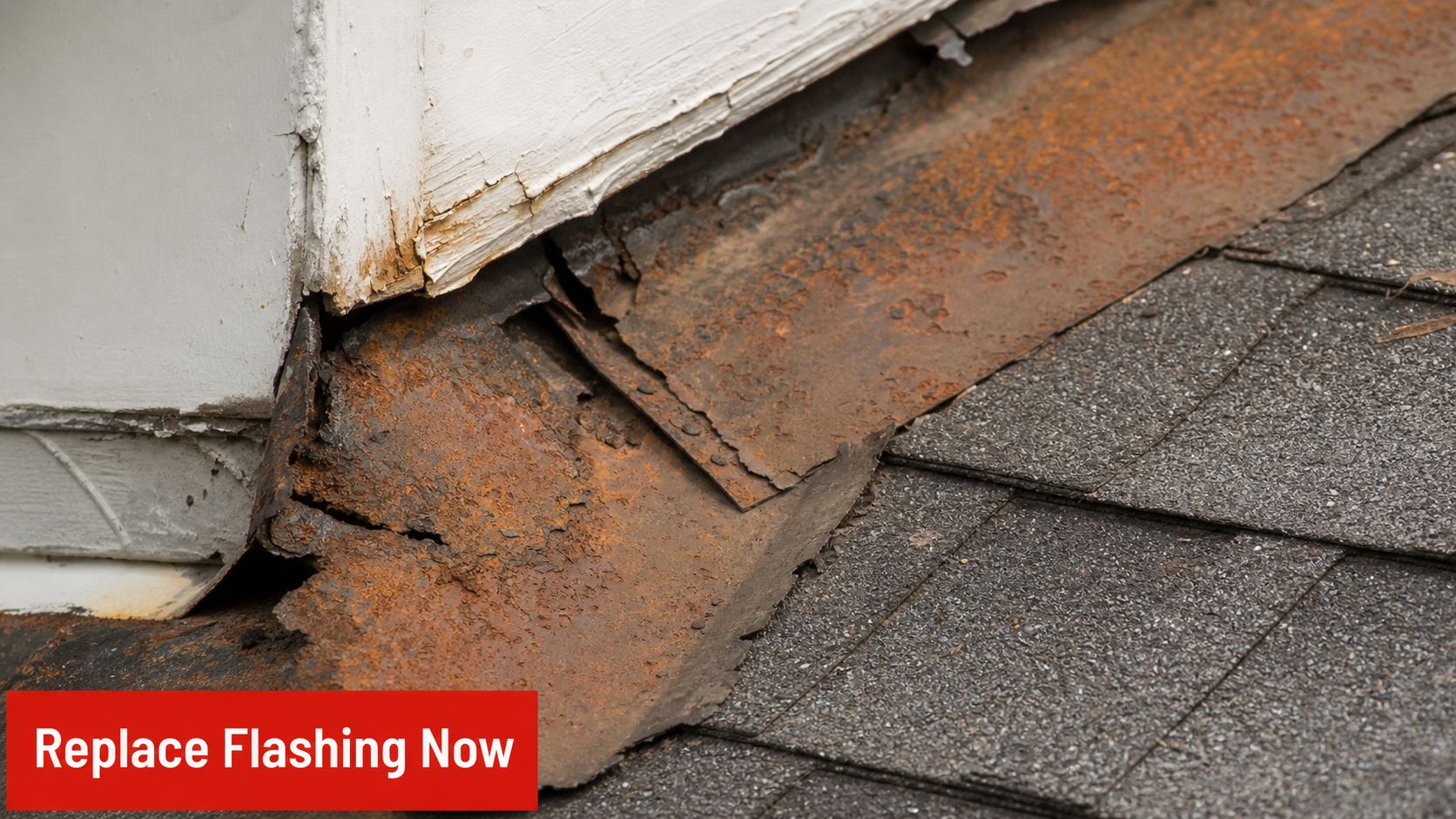 A close-up view of rusted and deteriorated roof flashing needing urgent repair on a shingled roof.