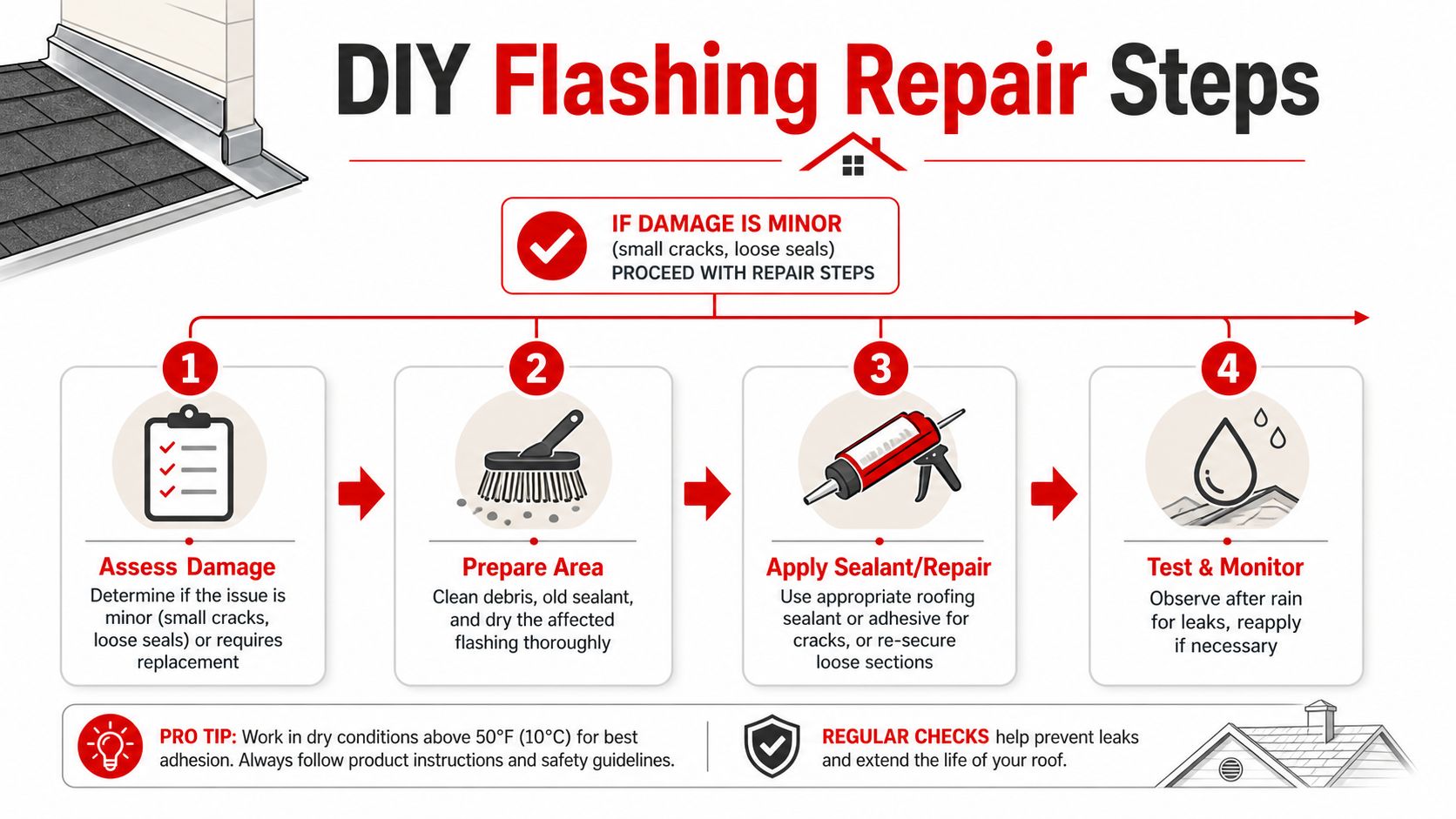 A four-step infographic illustrating how to perform DIY roof flashing repair for minor damages and leaks.