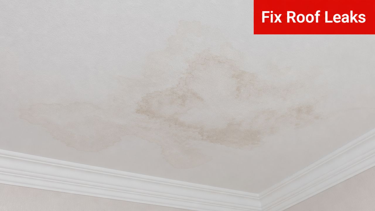 A water stain on a white ceiling indicating a potential roof leak that requires repair