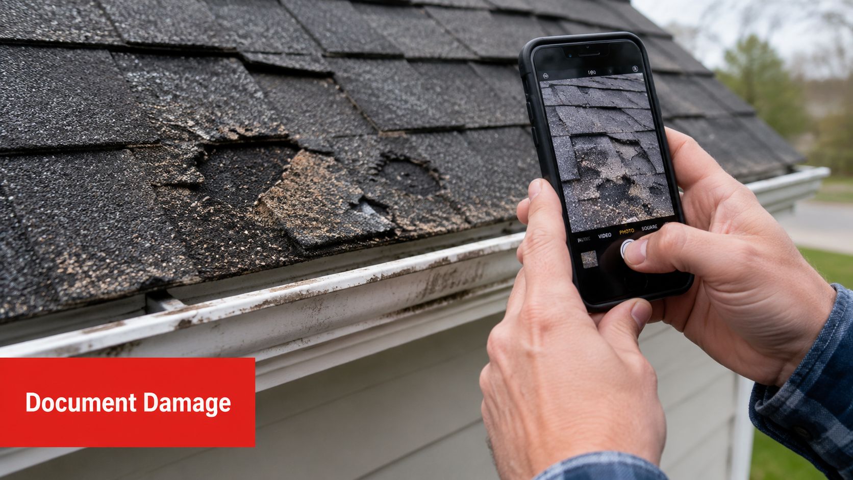 A person using a smartphone to document damaged asphalt roof shingles after a hail storm.