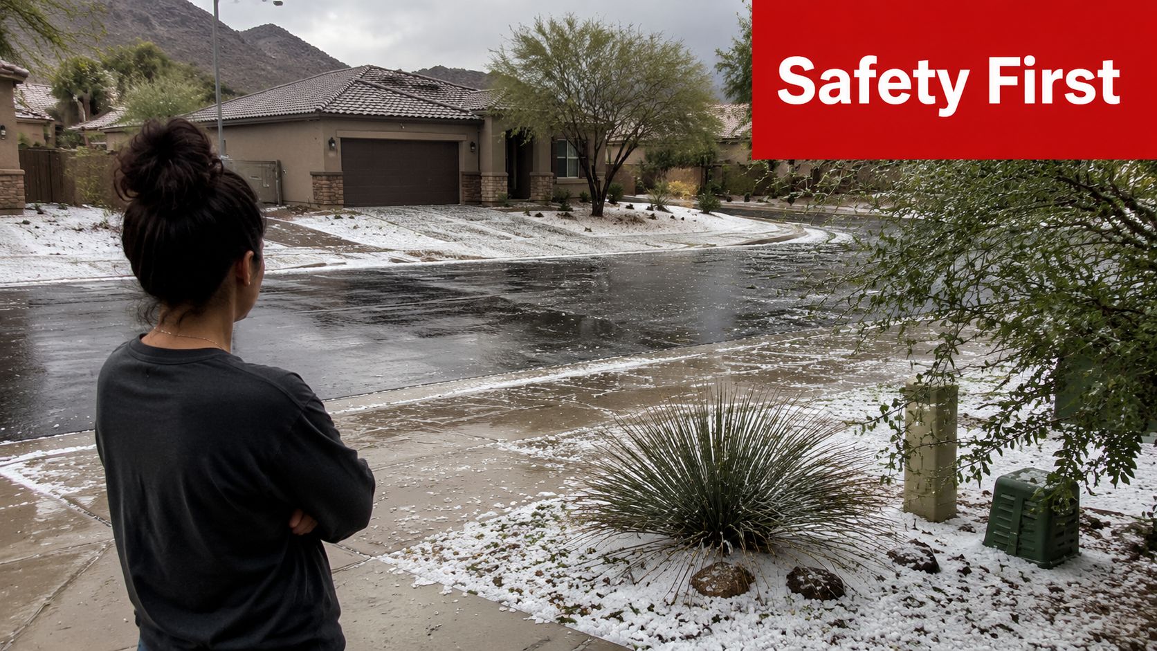 A woman looks at her residential street covered in hail after a storm, contemplating home exterior damage.