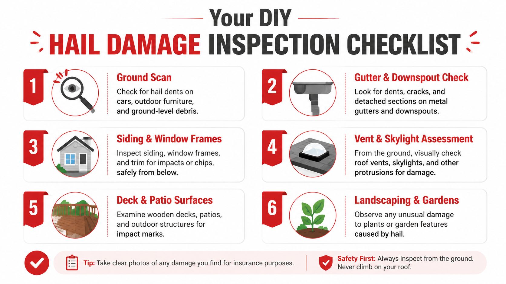 A six-step DIY hail damage inspection checklist for homeowners to assess potential exterior property damage safely.
