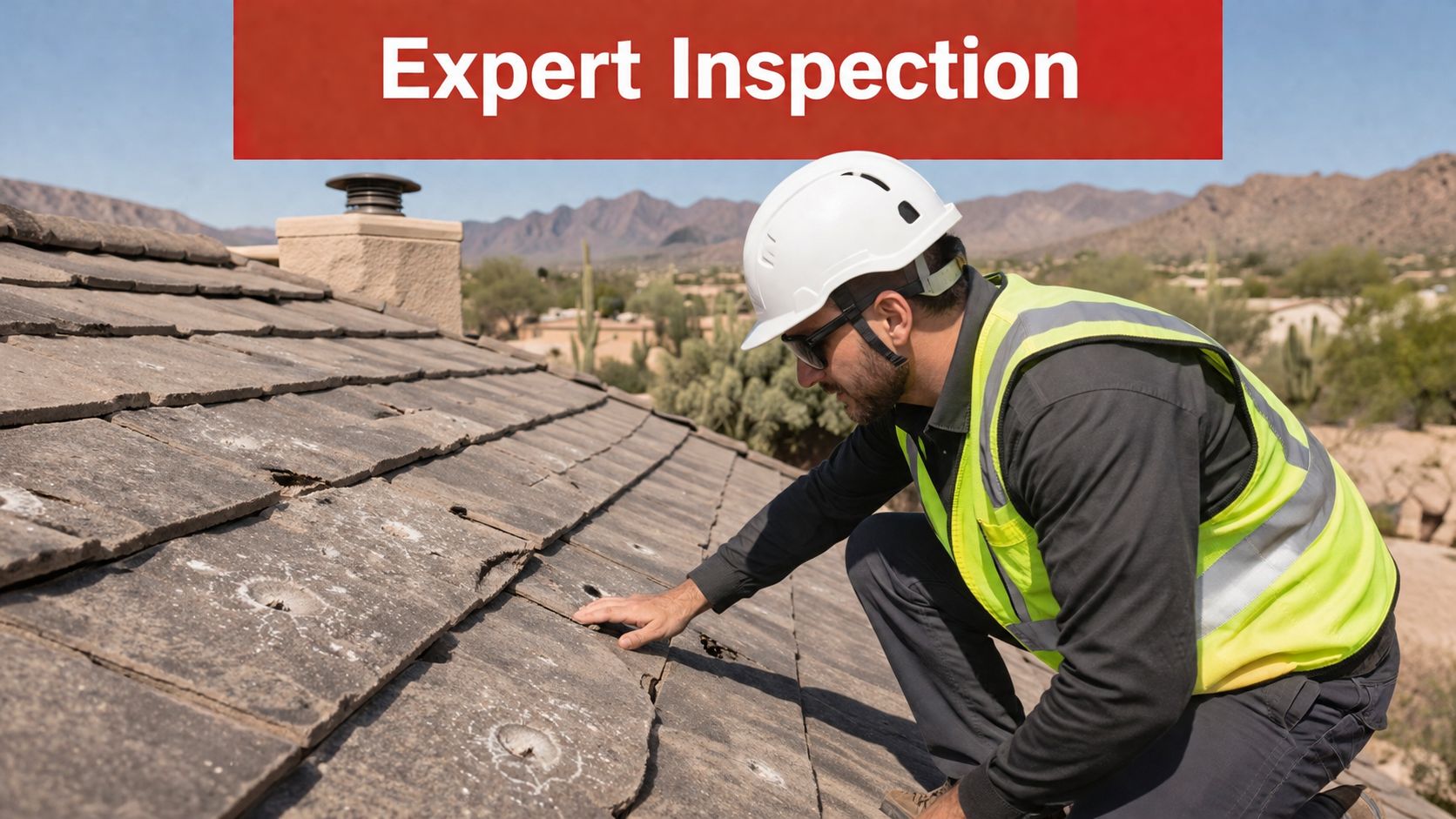A professional inspector in a hard hat examines damaged roof tiles after a recent hail storm.