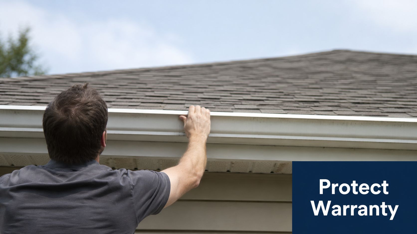 A man inspecting the gutter and roof of a house to ensure proper workmanship warranty coverage.