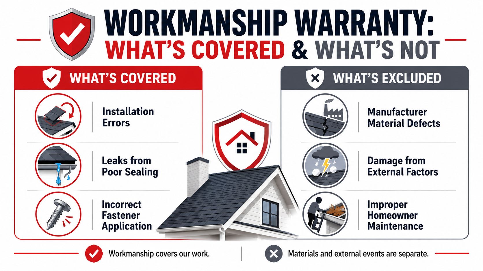 A visual guide explaining what is covered and excluded under a standard roof workmanship warranty policy.