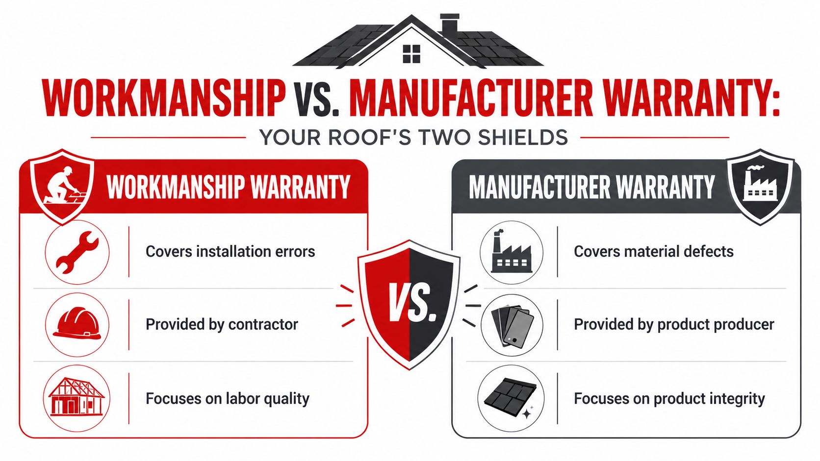 A comparison infographic explaining the differences between workmanship warranties and manufacturer warranties for roofing services.