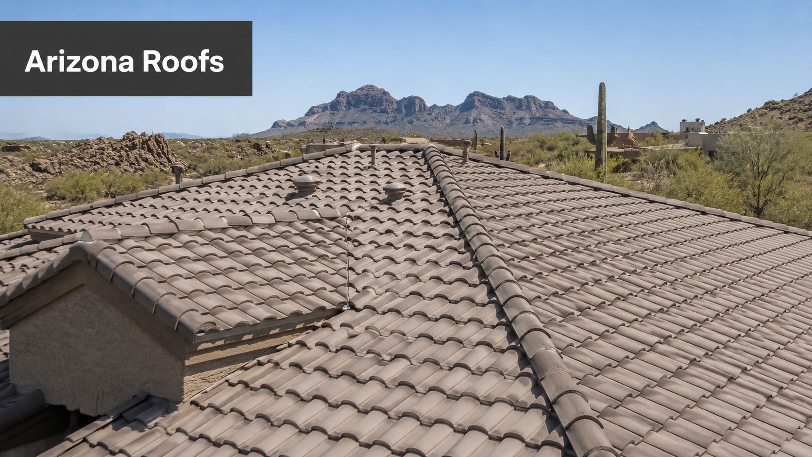 A view of a brown concrete tile roof on a house in an arid desert landscape.