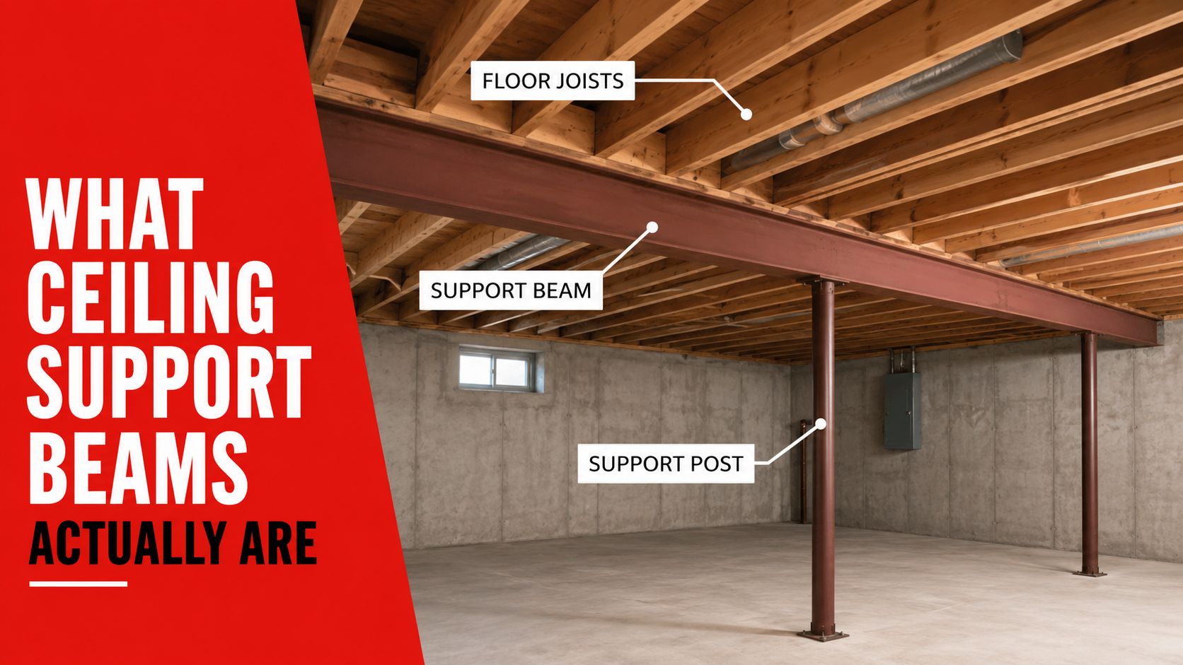 A view of an unfinished basement ceiling showing wooden joists supported by a large steel beam and post.