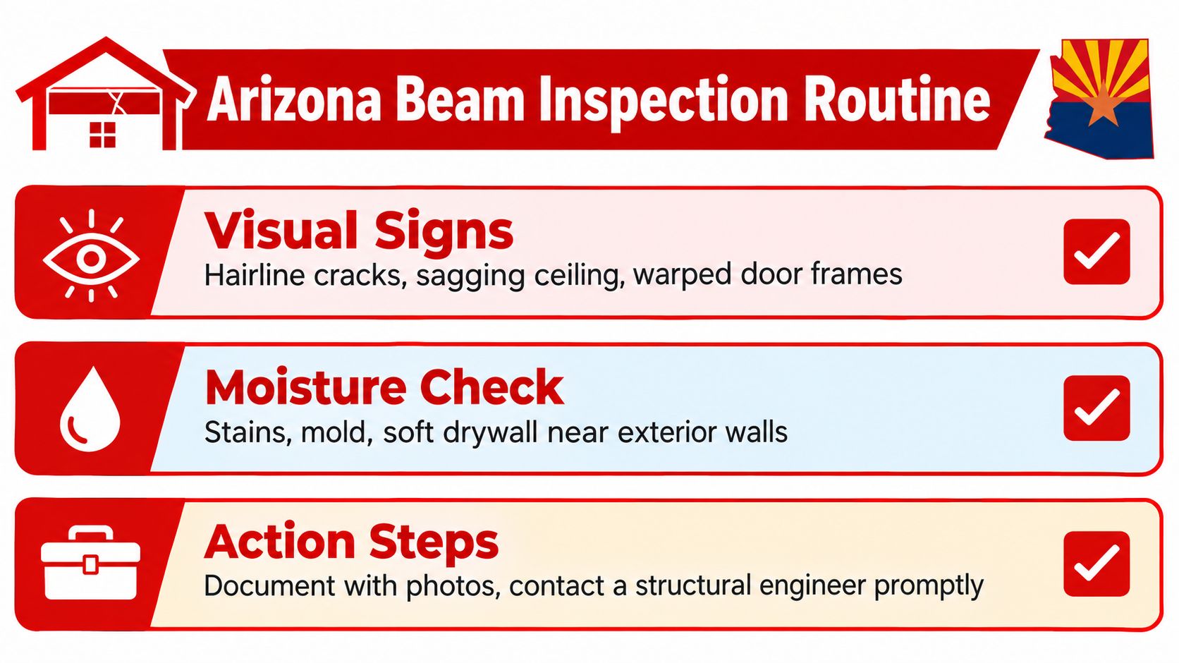 A red and white infographic detailing the Arizona beam inspection routine for residential structures.