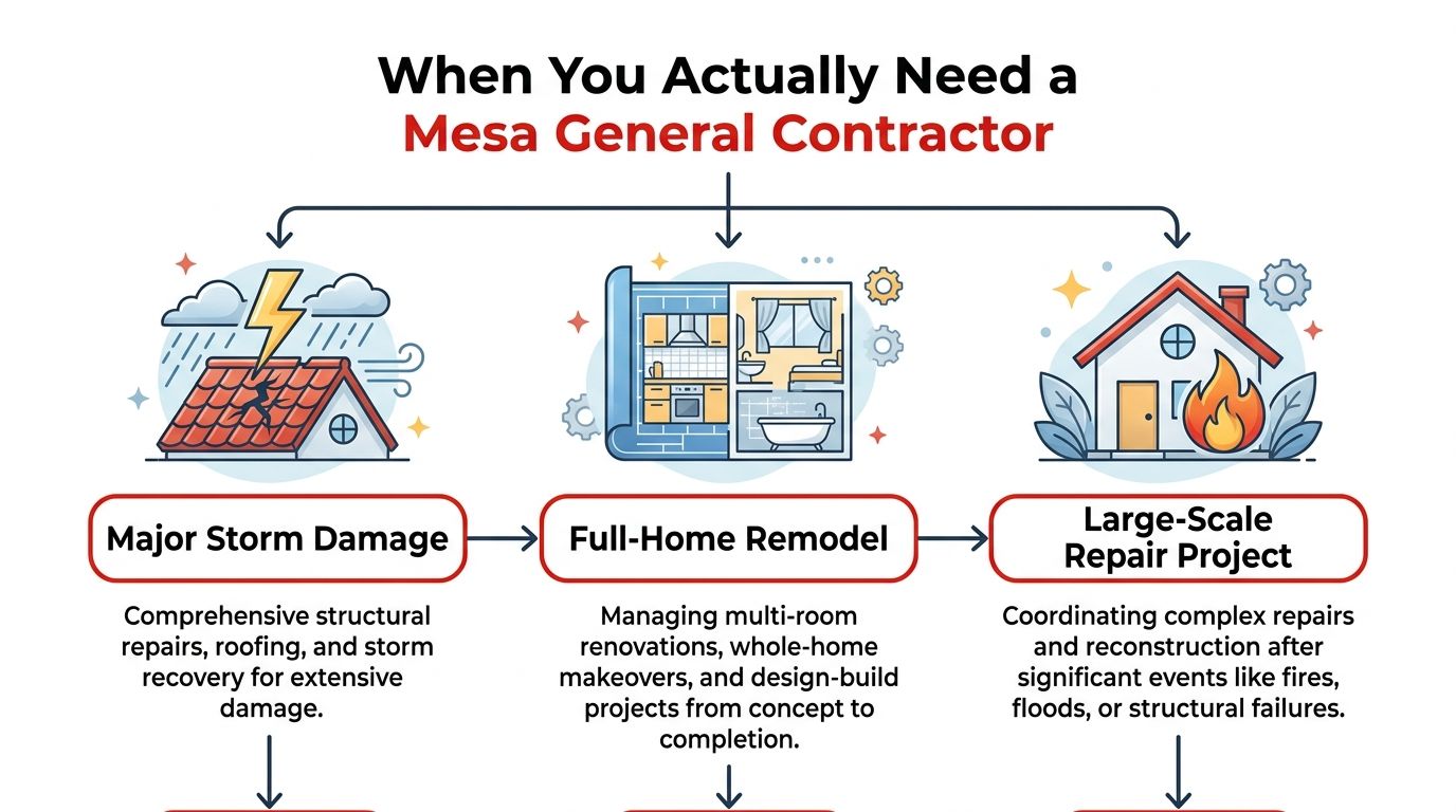 A diagram outlining three main scenarios where homeowners should hire a professional general contractor in Mesa.
