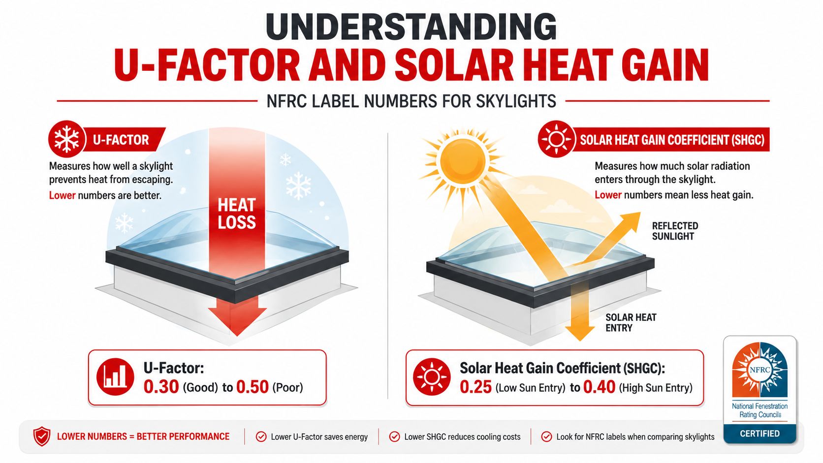 A diagram explaining U-Factor and Solar Heat Gain Coefficient ratings for energy-efficient home skylights and window performance.
